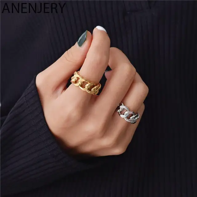 ANENJERY Silver Color Fashion Gold Color Lock Chain Open Rings for Women Men Twisted Geometric Finger Rings Party Jewelry S-R941