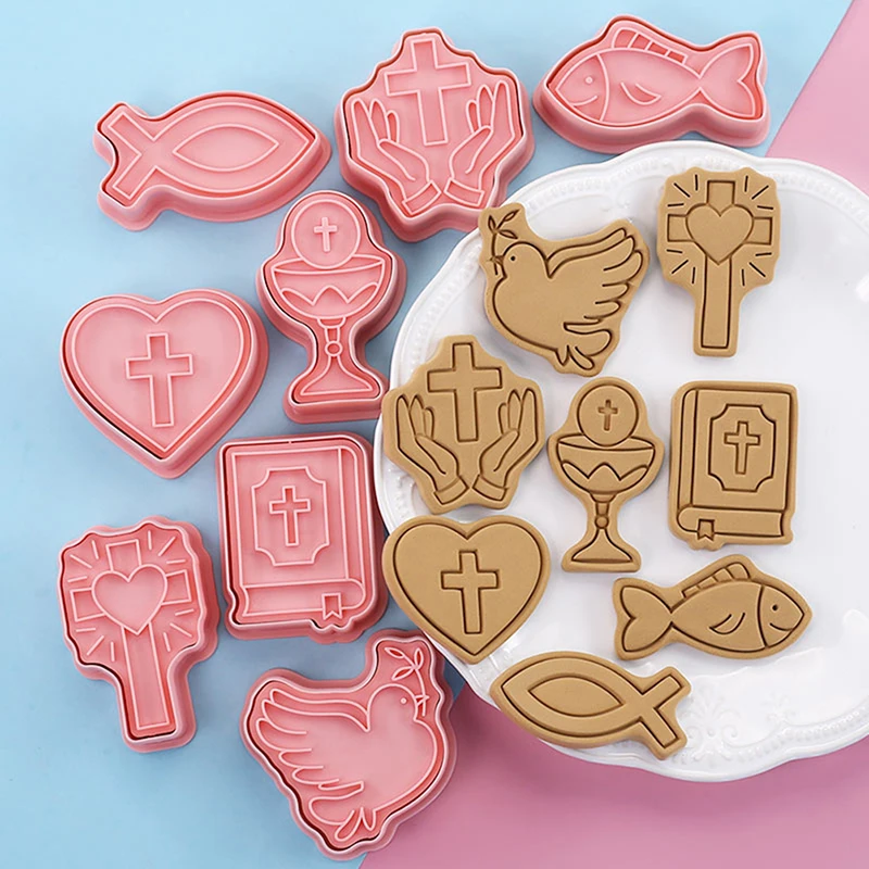 Cookie Cutter 8Pcs Christian Communion Cookie Cutter Plastic 3D Cartoon Cross Love Fish Chalice Pressable Biscuit Stamps Mold Cake Decoration
