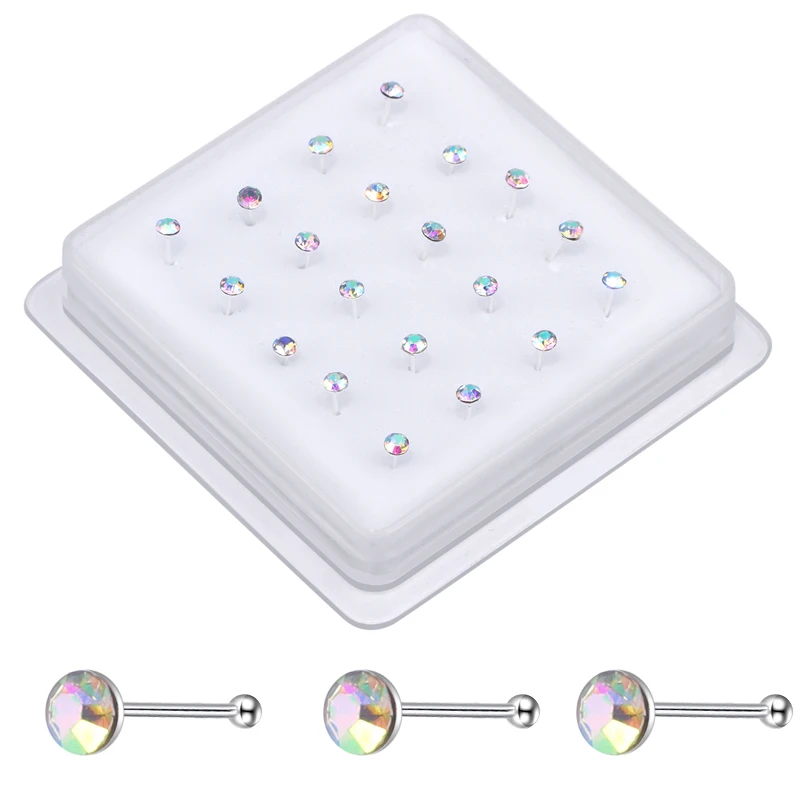 

20Pcs 2.5mm Crystal AB AB Rhinestones Nose Studs for Women Men Tiny Nose Bone Rings Body Piercing Jewelry Nose Pin Ball End