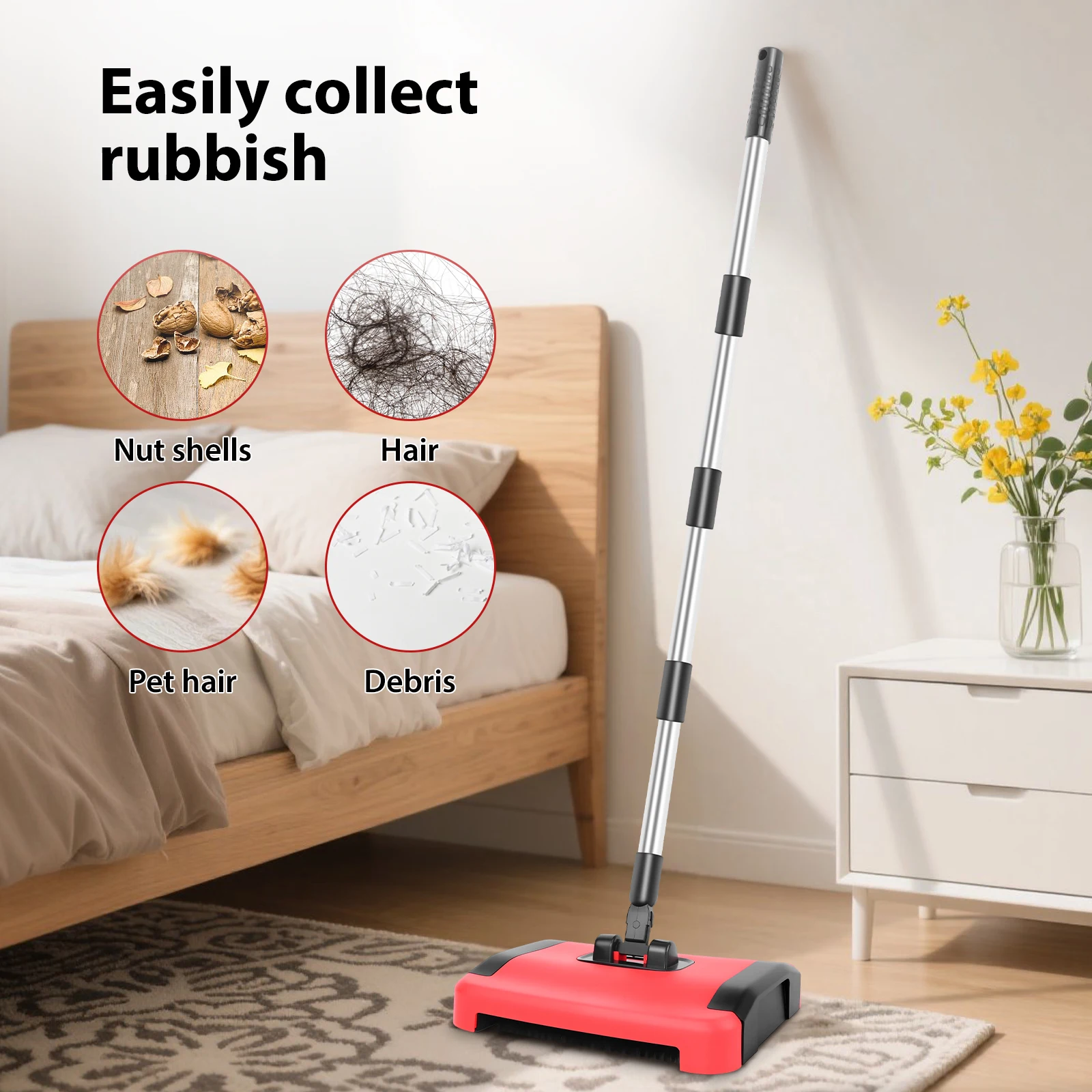 Handschiebene Teppichkehrmaschine, 180° ° Flexibler rotierender Kopf, Boden-Lazy-Reiniger für Home-Office-Haare, nicht elektrisch – Detail 8