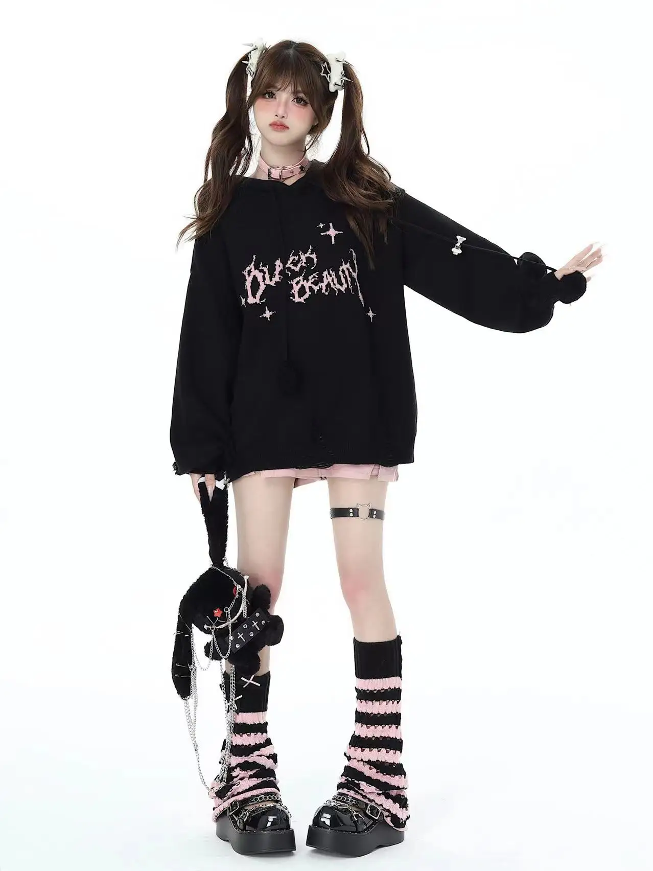 Rojita Japanese Black Pink Cool Sweet Style Soft Girl Striped Hollow Knit Pile Up Sock Kawaii Clothes Accessories Socks De Mujer