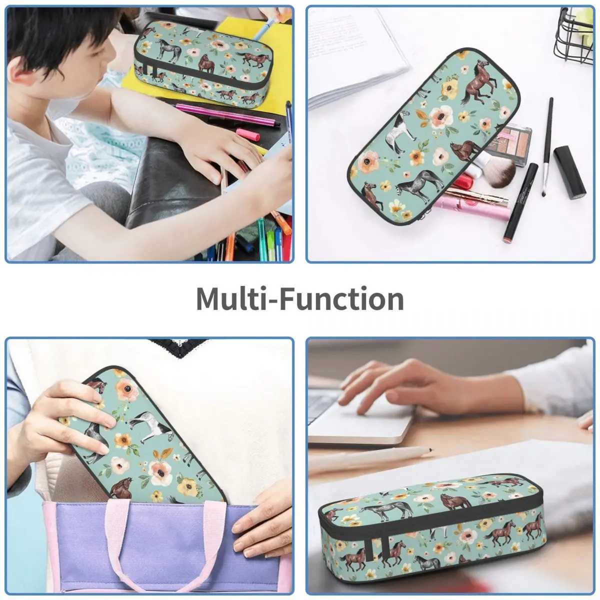 Horses With Flowers Sunrise Floral Blue Pencil Cases Large Storage Pen Bags Pen Box Pencil Pouch For Boys Girls Students