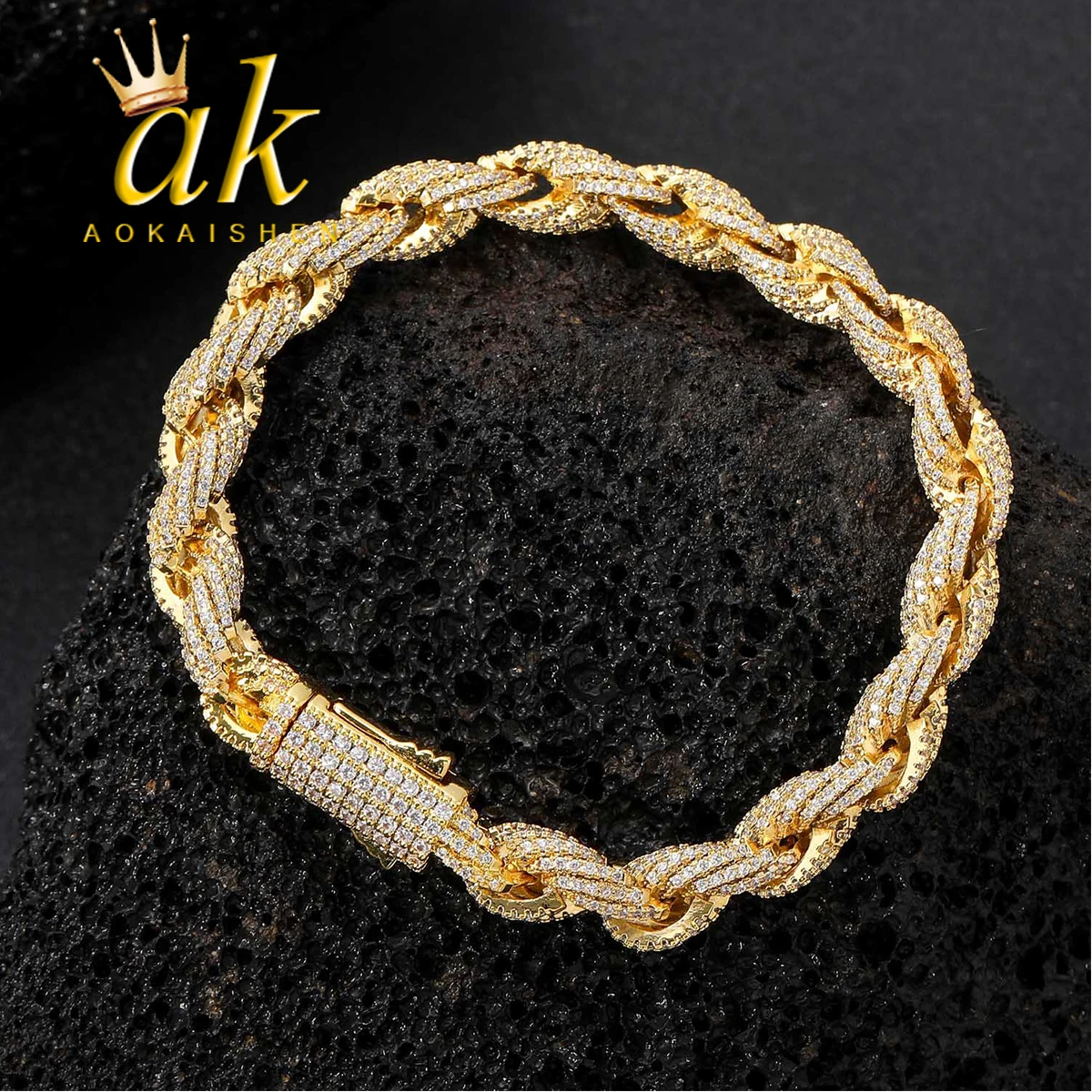 

Aokaishen 8MM Rope Chain Women Bracelet Real Gold Plated Hip Hop Rock Street Jewelry Iced Out Charms Items 2024 New Arrivals