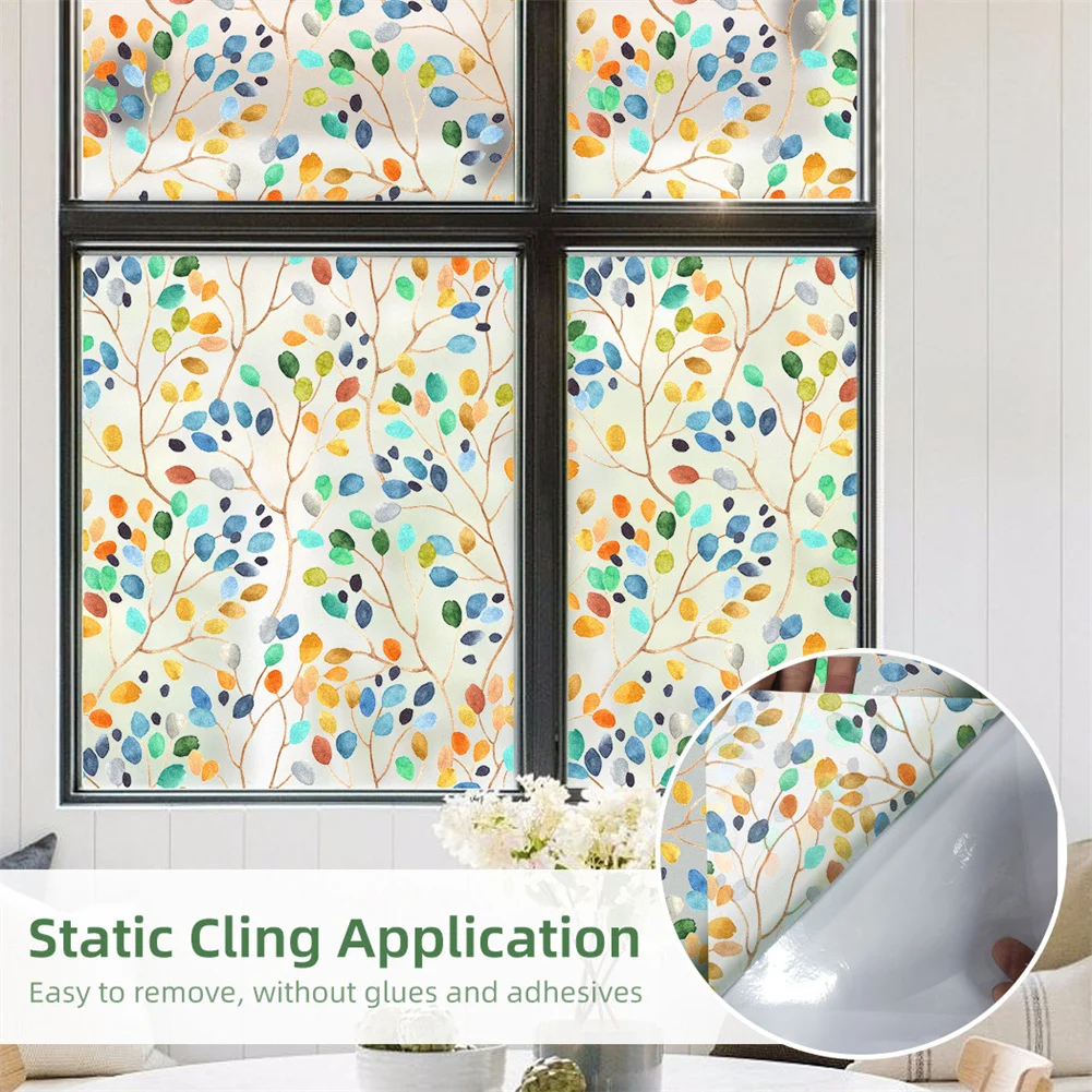 Window Film Stained Glass Window Cling Decorative Colorful Leaf Window Sticker Door Window Covering Non-Adhesive Window Decals