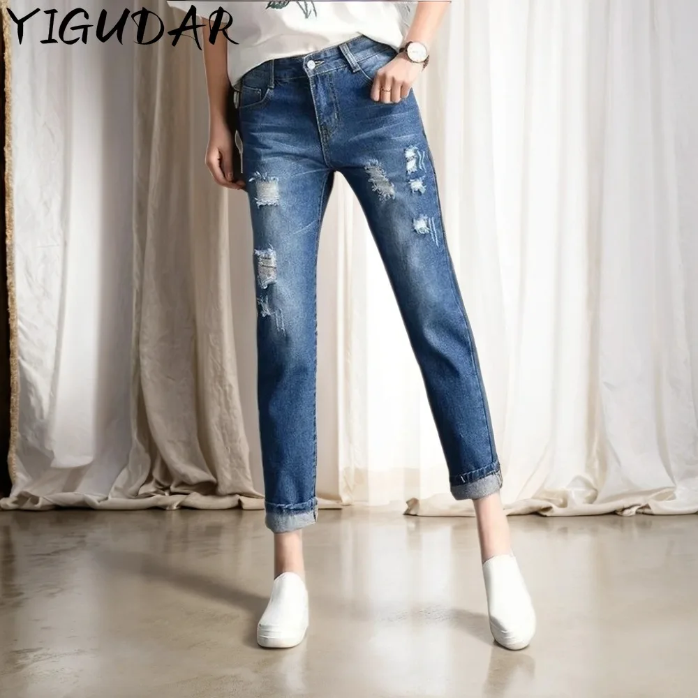 

2024 New Women Fashion Versatile Mid Waist Big Ripped Hole Jeans Casual High Street Denim Pants Sexy Vintage Pencil Jeans denim