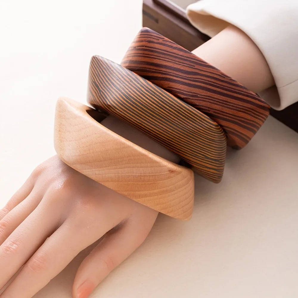 Vintage Wide Wooden Bangles – Textured Round & Square Geometric Bracelets 1