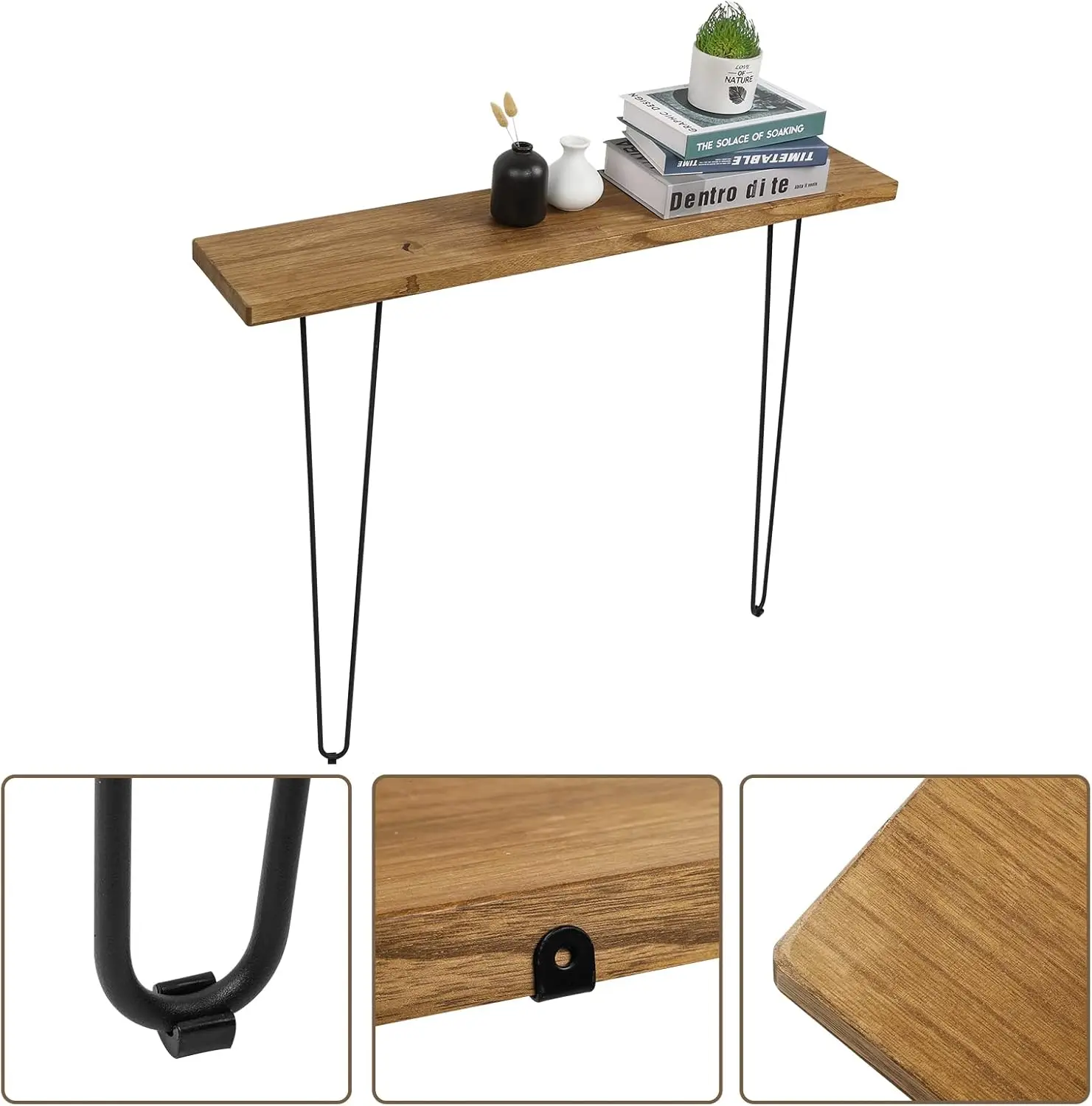 Console Sofa Table Wall-Mounted Side Table Industrial Wood Table for Entryway Living Room with Two Iron Feet, Rustic Brown