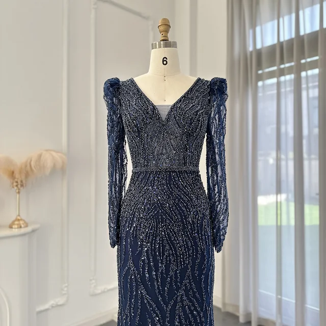 Navy Blue Mermaid Evening Dress for Women Wedding Elegant Emerald Green Long Sleeves Arabic Formal Party Gowns SCZ108 3