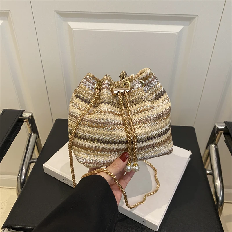 Bohemian Vacation Damen-Umhängetasche, gewebte Colorblock-Ketten-Streifen-Bucket-Bag, leichte Schultertasche mit verstellbarem Riemen – Detail 10