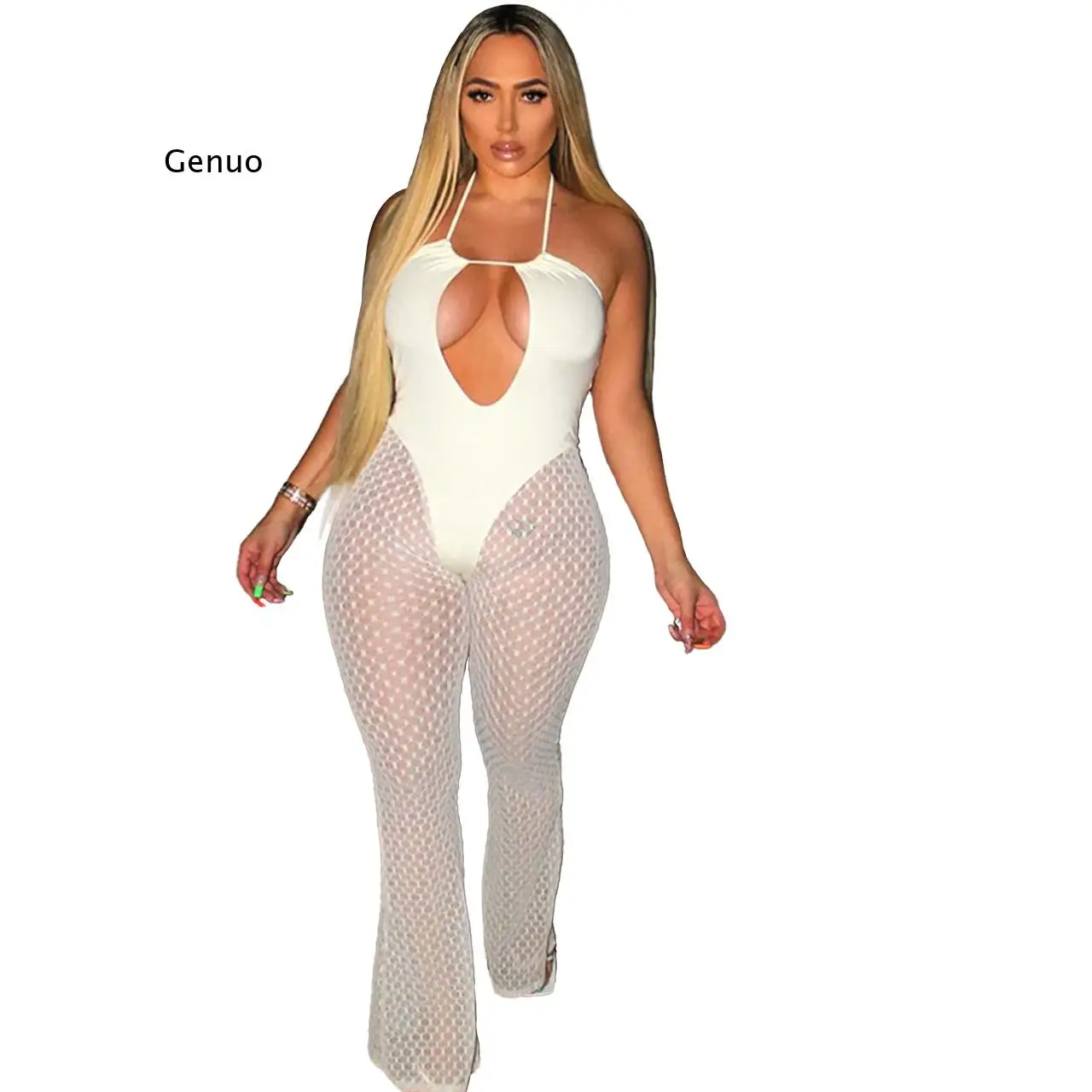 

Сексуальный женский комбинезон с лямкой на шее, комбинезон с открытой спиной, сетчатый комбинезон с вырезами, прозрачные брюки, летняя новая уличная одежда