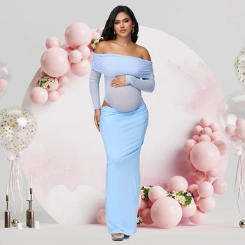 Maternity Long Sleeves off Shoulder Photoshoot Dress Mesh Exposed Belly Women Pregnancy Photography Gown for Baby Shower