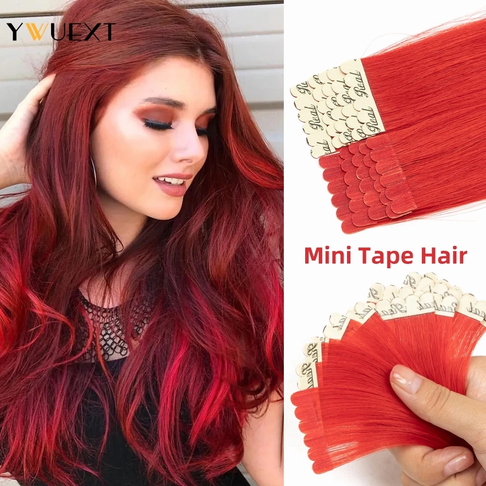 

YWUEXT Highlight Red Human Hair Tape In Extensions 12" 16" 20" 24“ Natural Straight Machine Remy Tape In Hair On Glue Adhesive