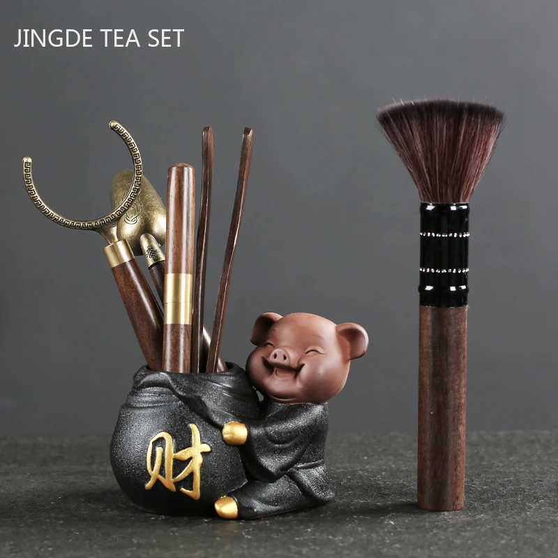 

Creative Purple Clay Ebony Six Gentlemen Chinese Zen Tea Blessing Pig Ornaments Tea Tray Accessories Tea Art Supplies Tools