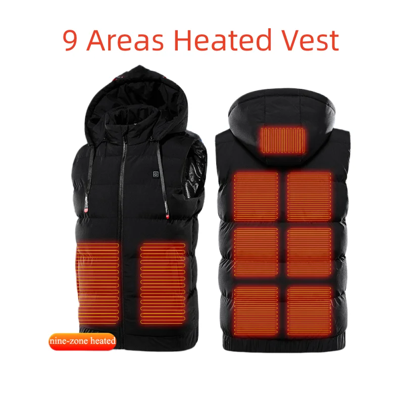9 Areas Men's Heated Vest Hooded Jackets USB Super Warm Outdoor Hunting Sleeveless Jacket