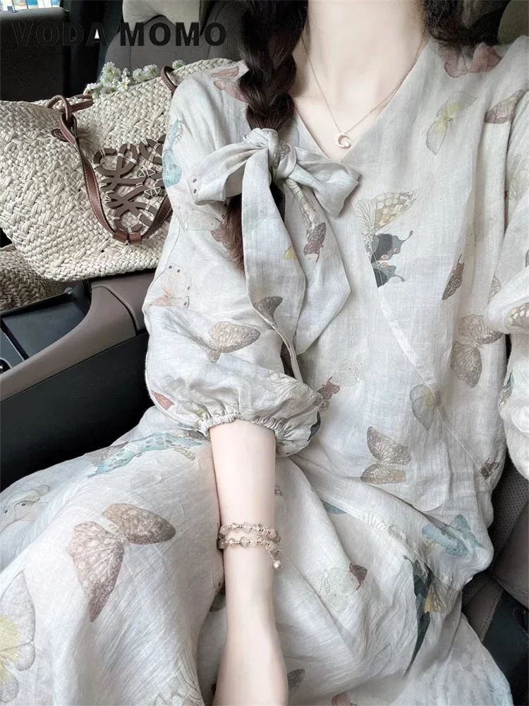 

New Elegant Elegant Style Waist Wrapped Slim Mid length Dress New Chinese Cool Fragmented Blossom Bubble Sleeve Dress for Womens