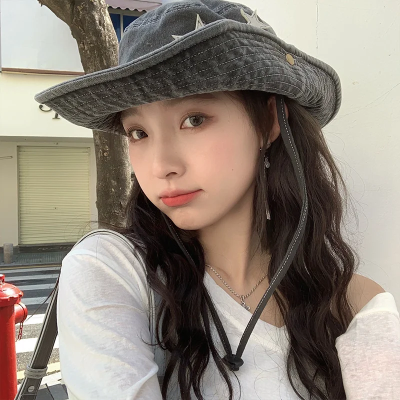 Hot Sale Punk Stars Bucket New Summer Y2K Star Pink Retro Big Brim Outdoors Sun Protection Girl Cowboy Hat Casual Jazz Cap_senzul.com