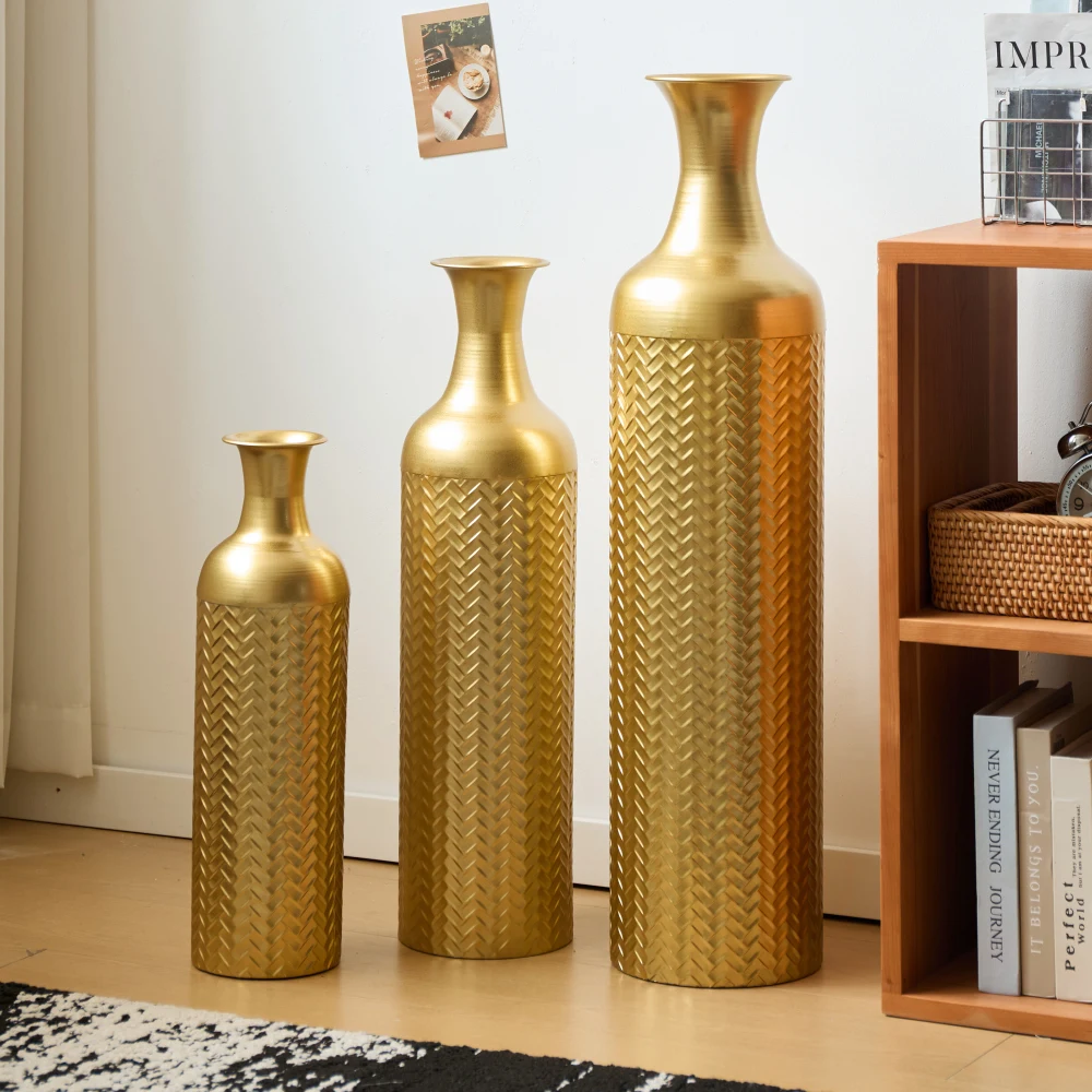 3-goldenes großes Bodenvasen-Set aus Metall (83/65/50 cm) – Retro-hohe dekorative Vasen für Wohnzimmer/Schlafzimmer, perfekt für Pampas-Zweige – Detail 21