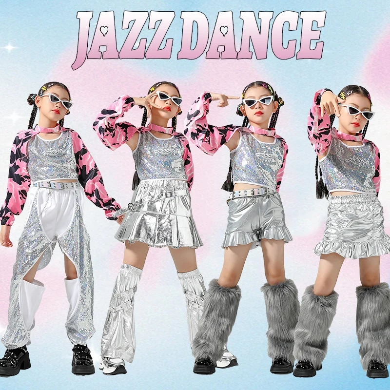 

Children Hip Hop Dance Performance Costumes For Girls Crop Tops Sliver Skirts Suit Teenage Clothing Jazz Dance Outfits DQS15375