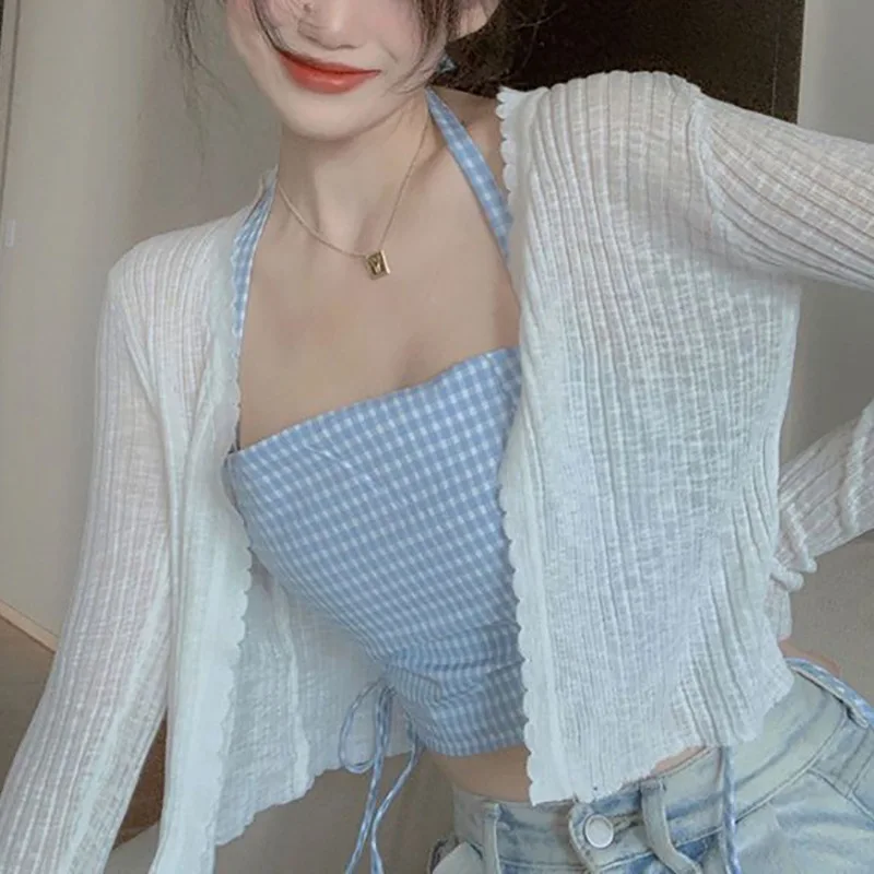 Cardigan Shirt Women Crooped Tops Korean Long Sleeve Cardigan Summer V Neck Thin Knitted Sunscreen Shirt Sweater Blusas Mujer 4