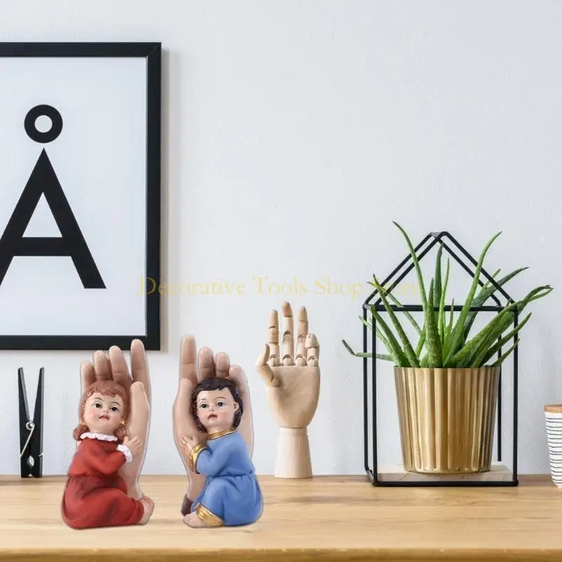 QX2E Classical Boy and Girl In Hand Sculptures Resins Children Figurines Set Christian and Religious Setting Home Decoration