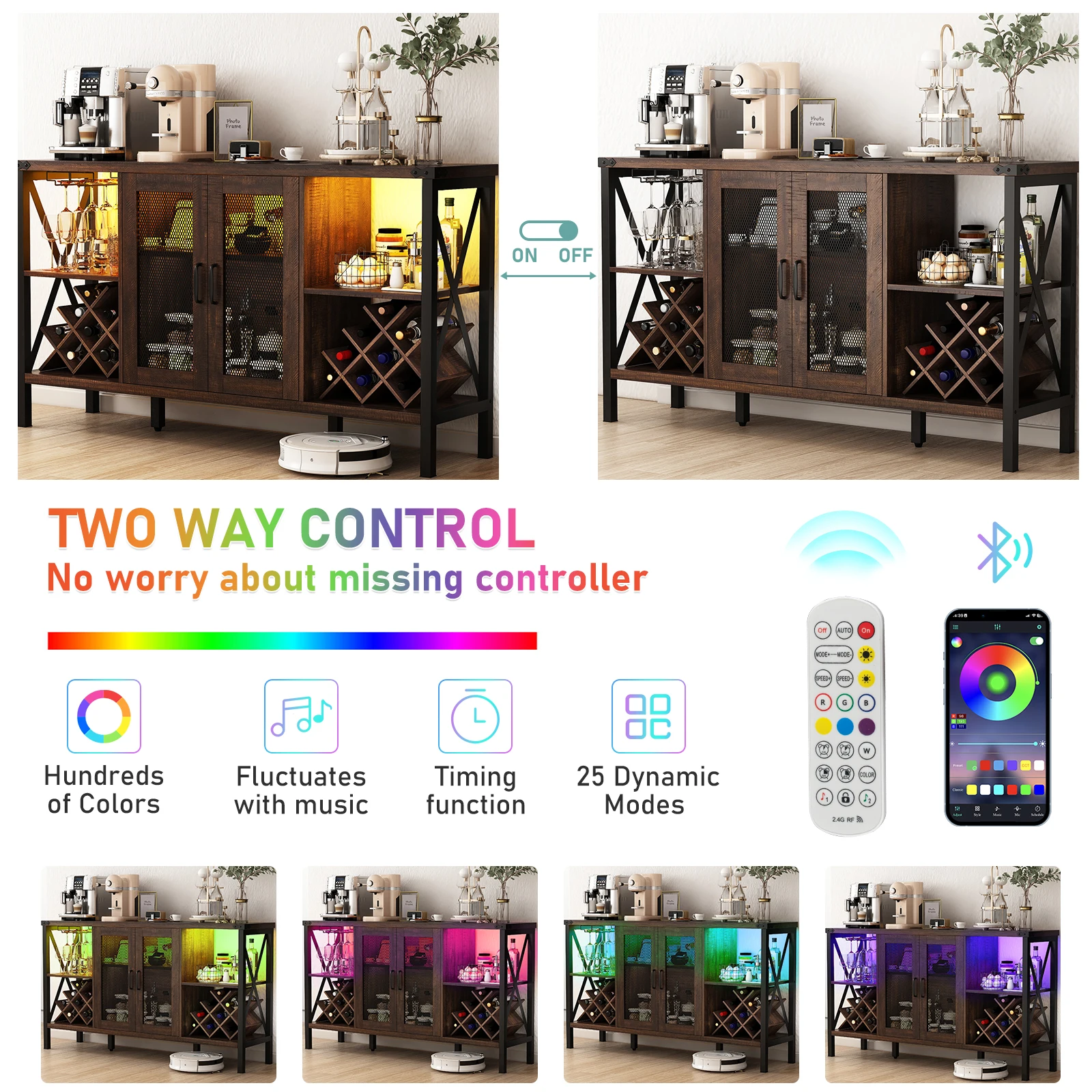 55" Industrial LED Bar Cabinet with Outlet, liquor cabinet bar with Removable Wine Rack and Glass Holder for Living Room Kitchen