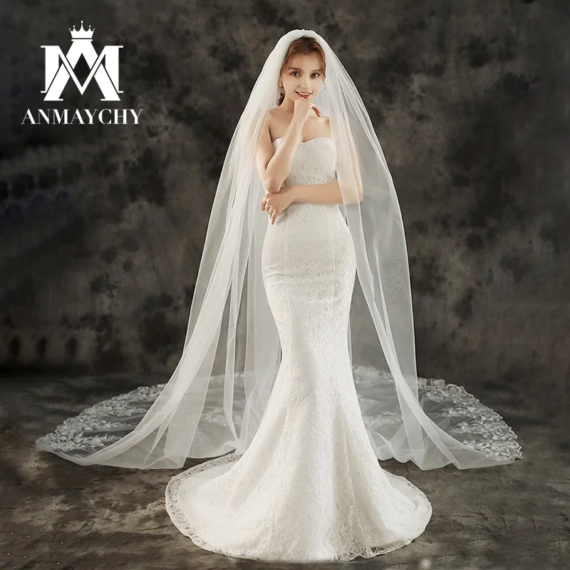 

One-layer 3 meters Wedding Bridal Veil With Comb 2024 Cathedral Length Veil Lace Appliques Velo De Novia