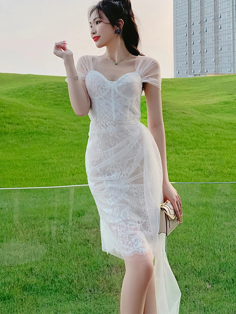 

Summer Elegant Sexy Dresses for Women Sheer Mesh Lace Hook Floral Embroidery Short Sleeve Ribbon Bodycon Party Club Midi Vestido