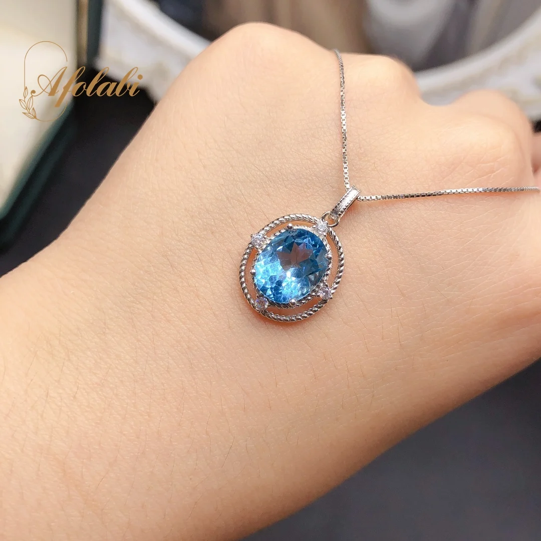 

Fine Jewelry Natural Blue Topaz Pendant Necklace Women Party Gift S925 Sterling Silver 8*10mm Gemstone