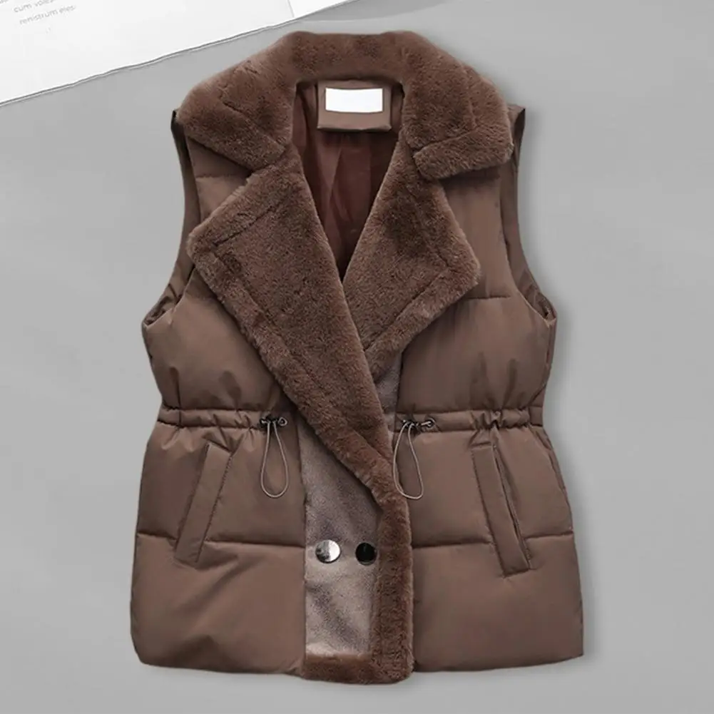 Winter Cotton Fur Integrated Down Vest Womens Puffer Vest Stand Collar Button Down Padded Jacket with Drawstring Waistcoat 2