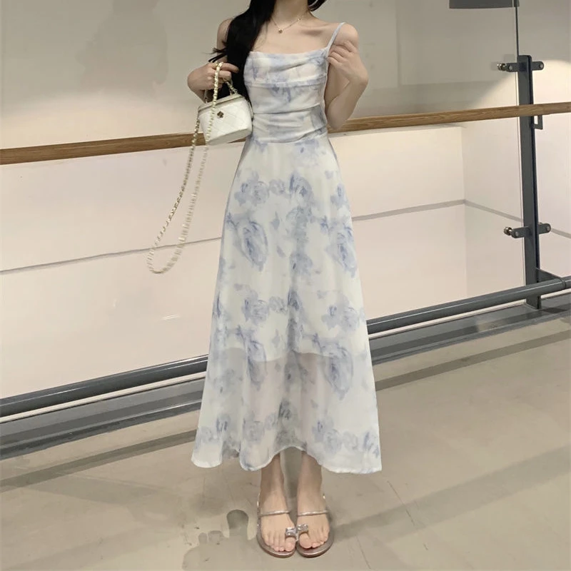 

HOUZHOU Elegant Chiffon Floral Dresses for Women Long One-piece Dress Backless Sweet Dress Korean Vacation Outfits Summer Sexy