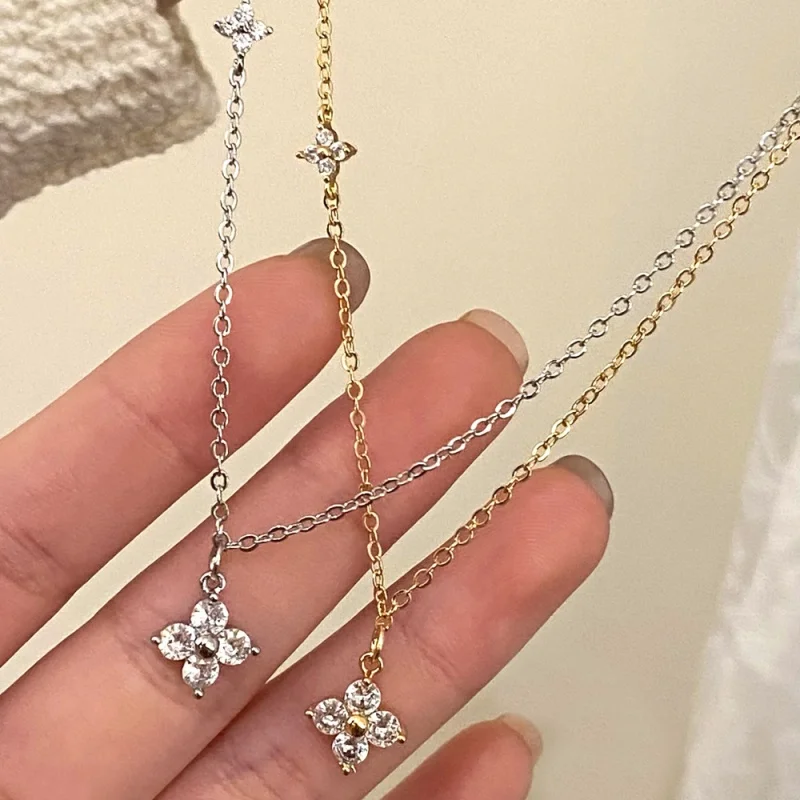 Elegant Four leaf Flower Cubic Zircon Necklace for Women Light Luxury Chain Neckalce Wedding Jewelry Gifts