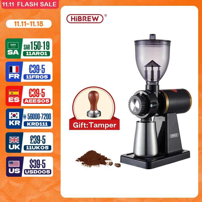 Electric Coffee Bean Grinder 8 Settings for Espresso or American Drip coffee Durable Flat Burr Die-casting Housing G1