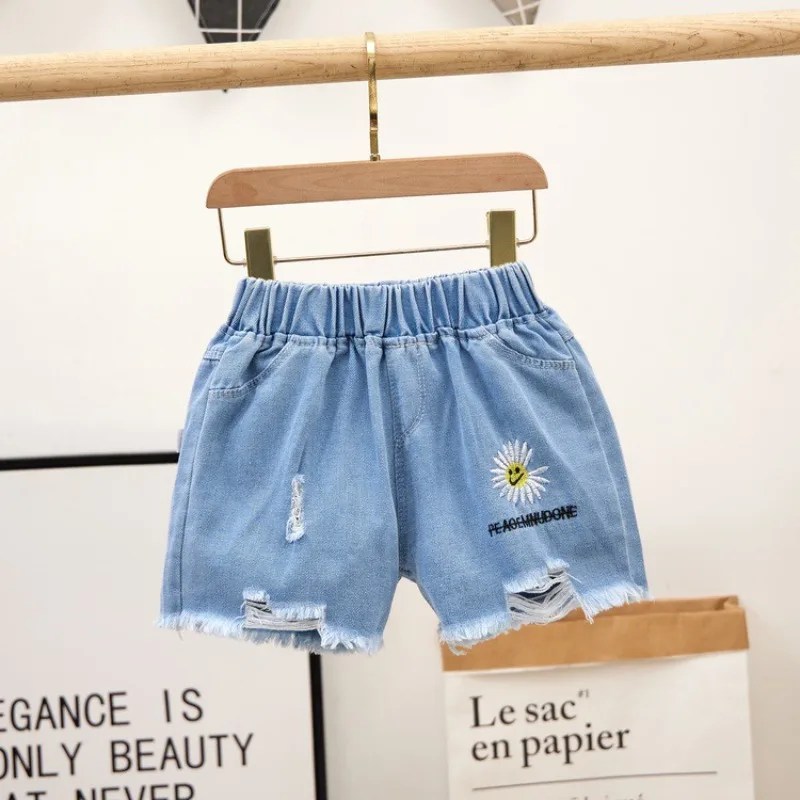Summer Kids Clothes Girls High Waist Casual Denim Shorts Pocket Tassel Perforated Fashion Shorts Embroidery Beach Outdoor
