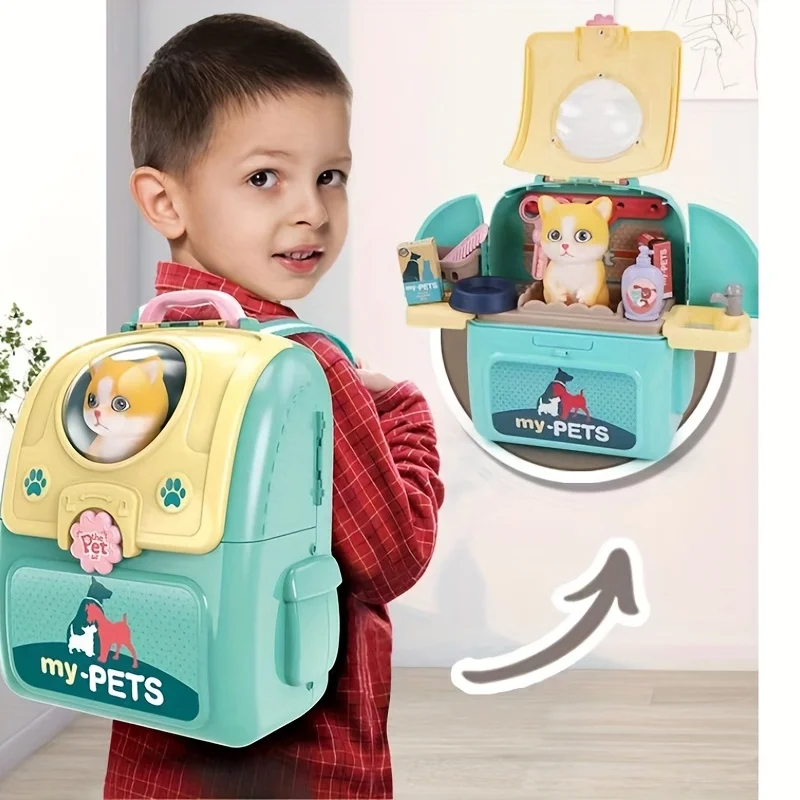 Pet Care Play Set Doctor Kit for Kids, Doctor Pretend Play Vet Dog Grooming Toys Puppy Dog Carrier Feeding Dog Backpack 2
