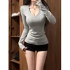 Autumn Winter Thermal Slim Fit V-Ne Long Sve T-irt Women's Base Layer irt Bodycon Waist-Cinching Top Trendy Korean S...
