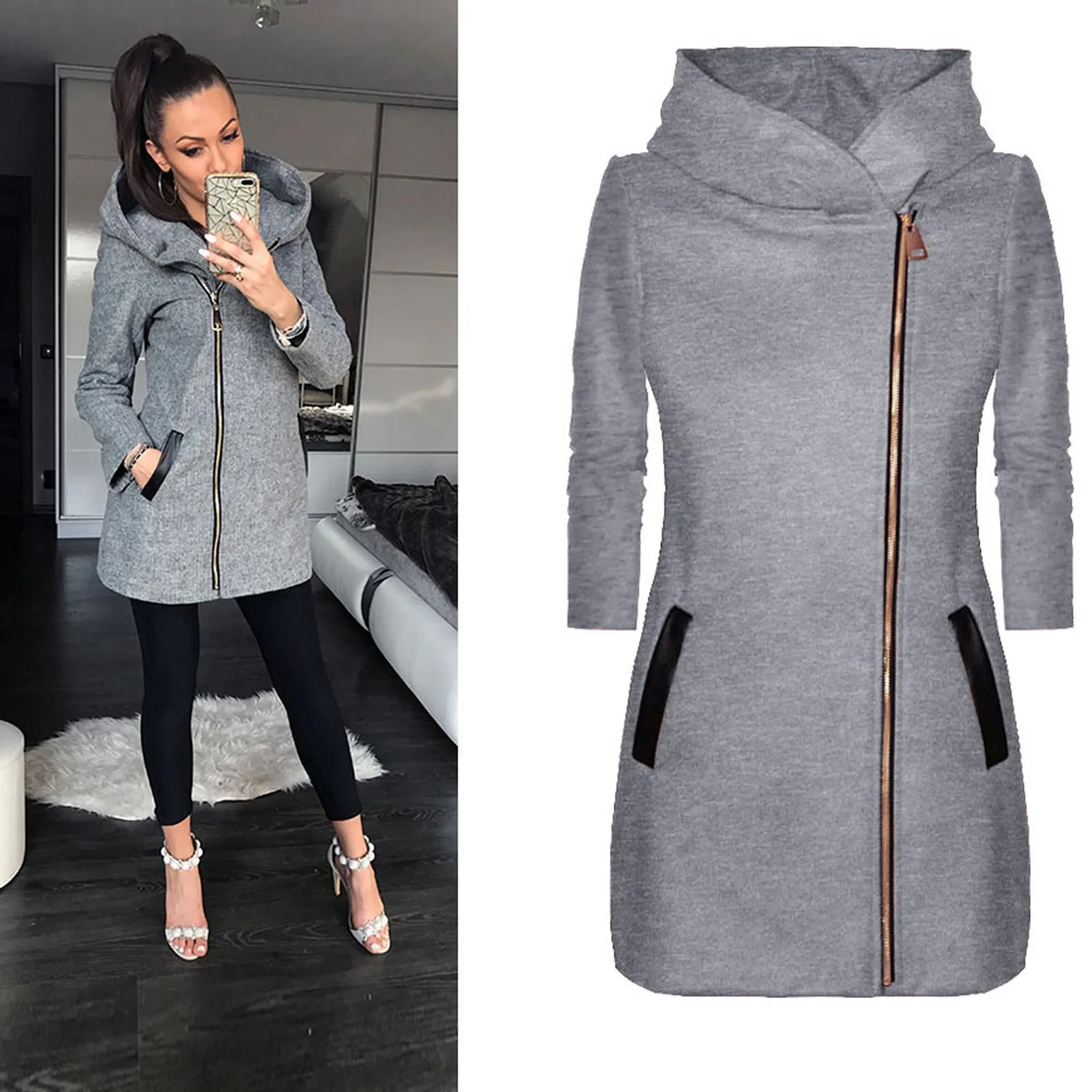 

Hood Jacket Women Women Coat Warm Pocket Side Zipper Fleece Jacket Hooded Jacket Winter Fashion Womens Black Zip Fleece