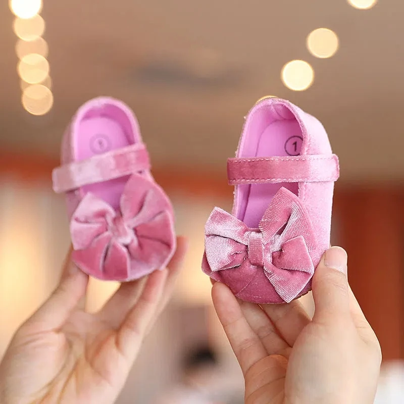 Newborn Flannelette Princess Bow Shoes - Soft Sole Toddler Flats