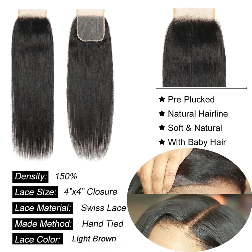 4x4 Lace Closure 100% Human Hair Peruvian Remy Human Hair Straight Lace Closure With Baby Natural Hairline Pre Plucked