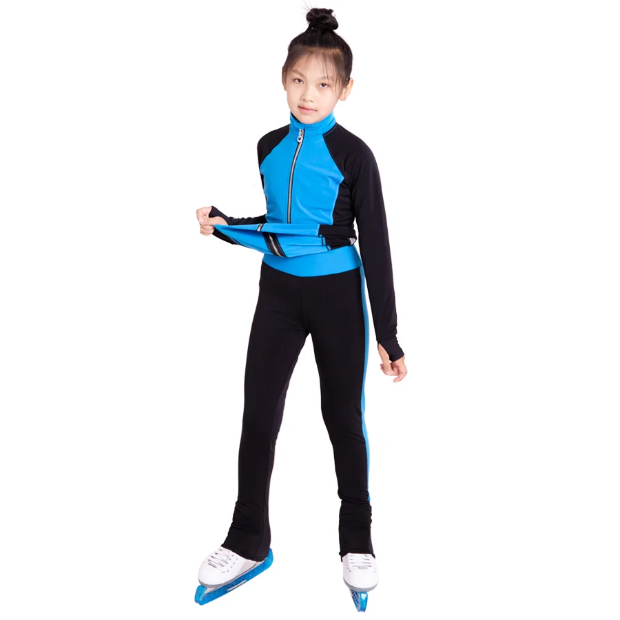 New Ice Figure Skating Jacket Pants Women Girl Trousers Top Black Teens Children Kids Colored Blue Rhinestones Training