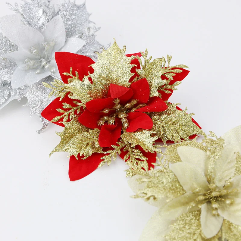 (5Pcs/pack) 14cm Christmas Gold Powder Flowers Glitter Tree Decorations Xmas Ornaments New Year Gifts