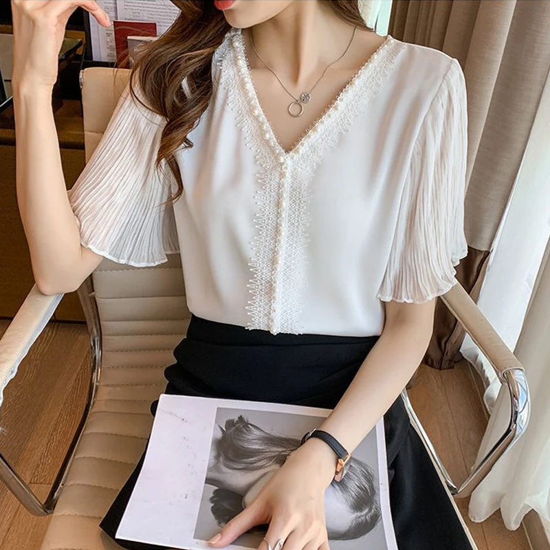 Elegant Chic Sweet Beaded Lace V Neck Short Sleeve Top Blouse Women 2023 Summer Fashion Casual Ruffled Slim Solid Shirts Blusas