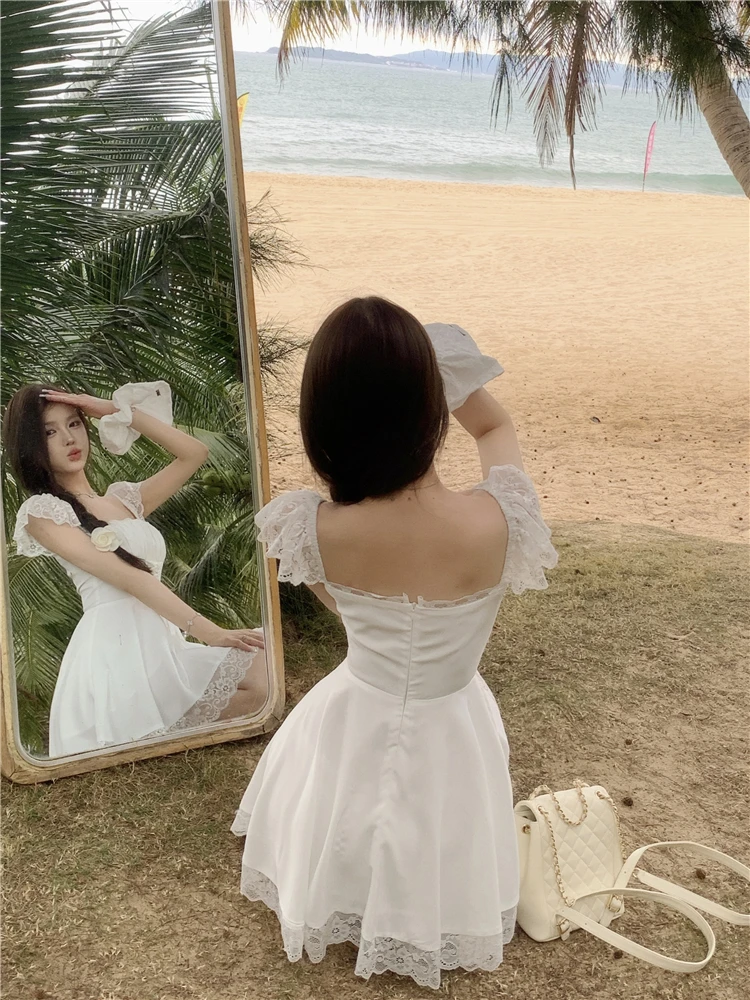 Y2K Lace Princess Party Dress Sexy Spaghetti Strap Square Collar Ruffles A-line Short Dresses for Women Prom Summer Mini Vestido