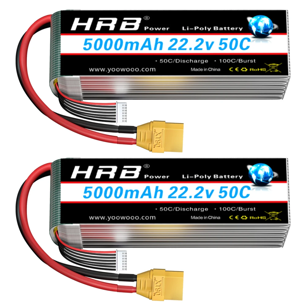 HRB 6S LiPo Battery 22.2V 5000mAh 50C – Rechargeable High-Power Battery Pack with XT90/EC5 Connector for RC Drone, Helicopter & Cars 1