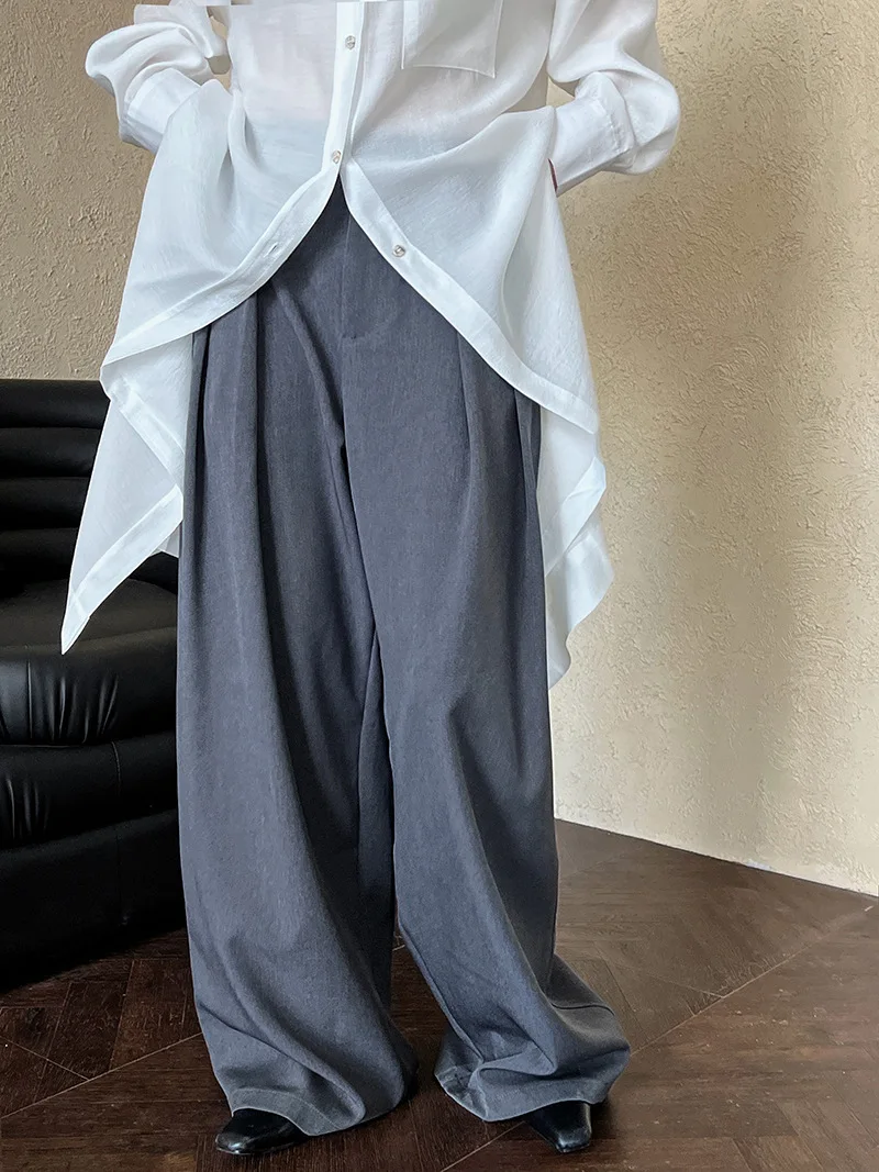 [LANMREM] Pleated High Waist  Wide Leg Pants For Women Solid Straight Office Lady Loose Trousers Female 2025 Autumn New 26C291