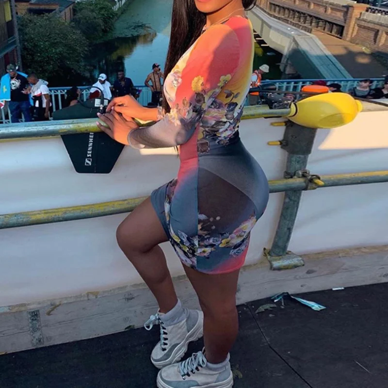 

Long Sleeve Floral Tie-dye Print Hip Bag Mini Dress Mesh See Through Party Clubwear Bodycon Fashion Sexy Summer Women's Dress