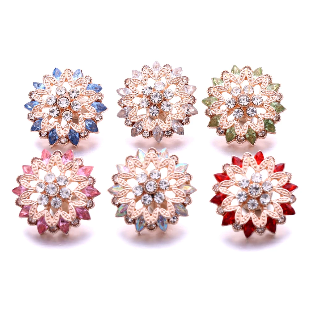 15pcs Newest Rose Gold Rhinestone Flower 18mm Snap Buttons Fit 18mm Snap Button Bracelet Necklace