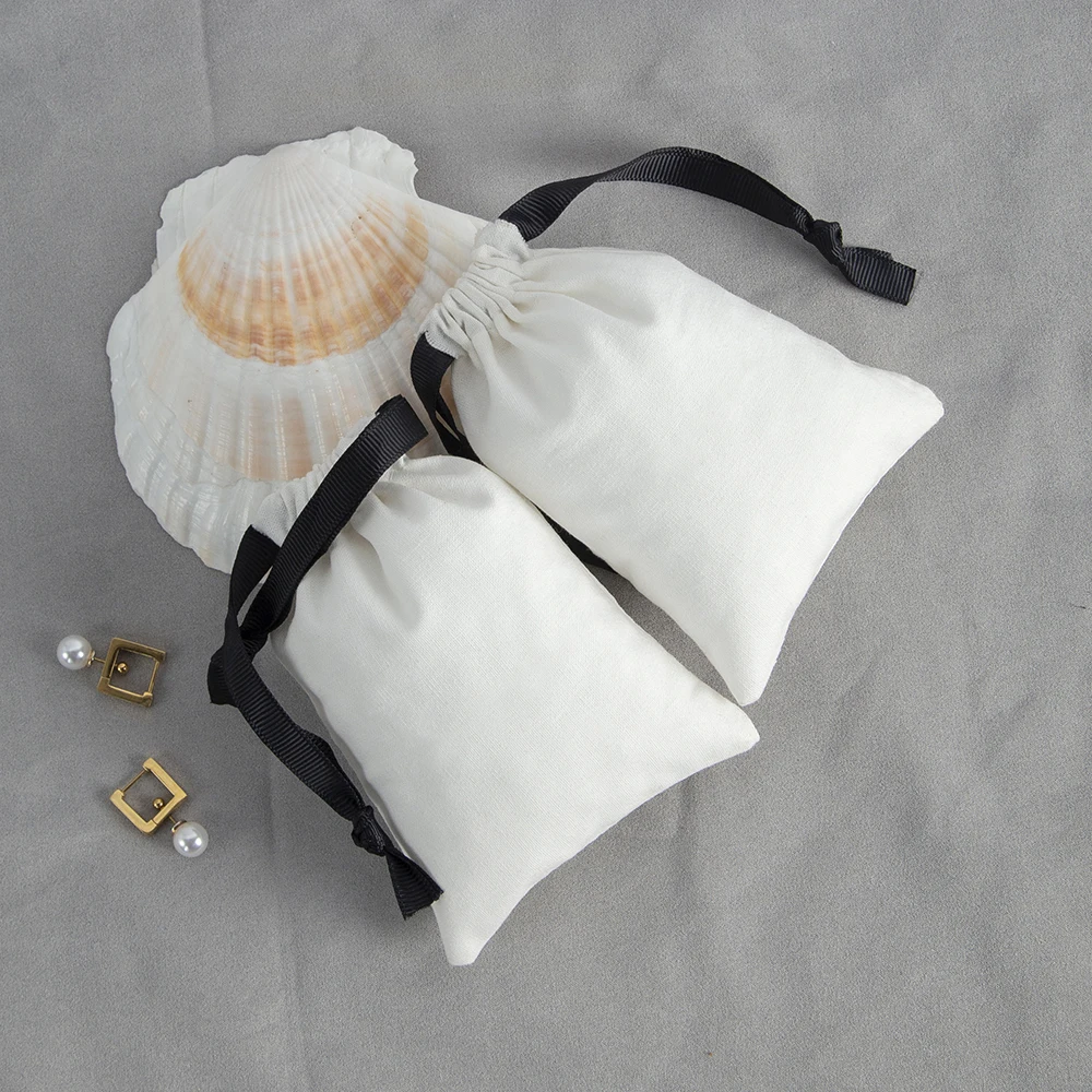 50/100 Stück weiße Geschenktüten aus Baumwollseil mit Kordelzug, Schmuckverpackungsbeutel, Aufbewahrungstasche für Hochzeitsringe, Ohrstecker, Verpackung – Detail 8