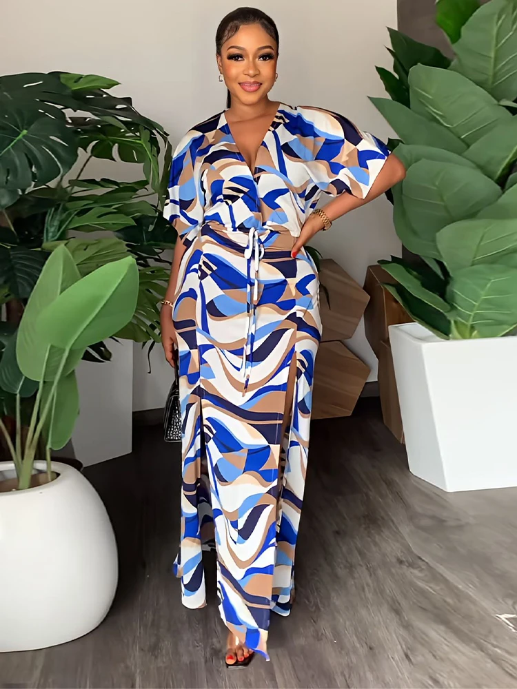 

Geometric Pattern Drawstring Waist Dress for Women Deep V Neck Short Sleeve Holiday Dresses Vintage Double High Side Split Robe