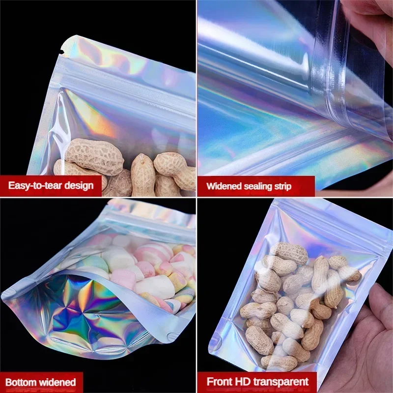 100pcs 실버 쿠키 스낵 식품 커피 말린 과일 파우더 캔디 홀로그램 ZipLock Mylar 쥬얼리 선물 포장 저장 가방