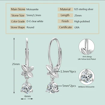 2024 Trend Real 925 Silver 5mm Round Moissanite Drop Clip Earrings for Women Four-leaf Clover Valentine Wedding Jewelry Gift 6
